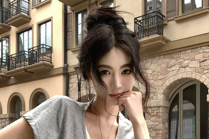 Two-Tone Mock Two-Piece V-Neck Short-Sleeved Tee