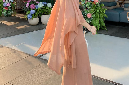 Halter Crop Top and Mermaid Skirt Set with Shawl