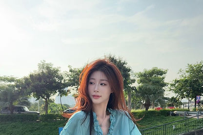 Plain Frill-Trimmed Button-Up V-Neck Long-Sleeved Blouse