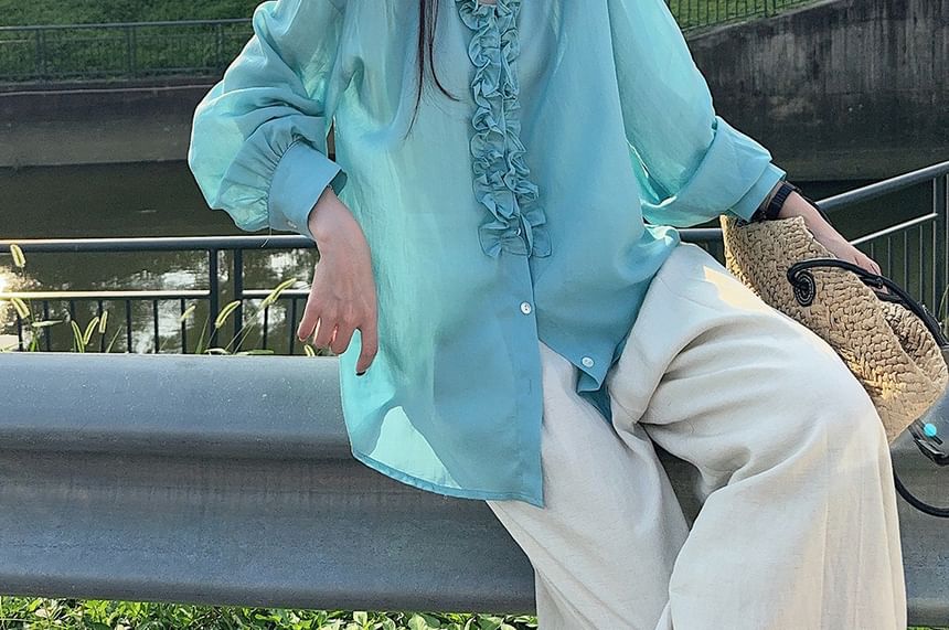 Plain Frill-Trimmed Button-Up V-Neck Long-Sleeved Blouse