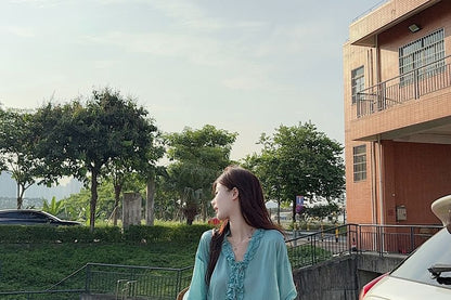 Plain Frill-Trimmed Button-Up V-Neck Long-Sleeved Blouse