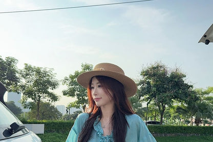 Plain Frill-Trimmed Button-Up V-Neck Long-Sleeved Blouse
