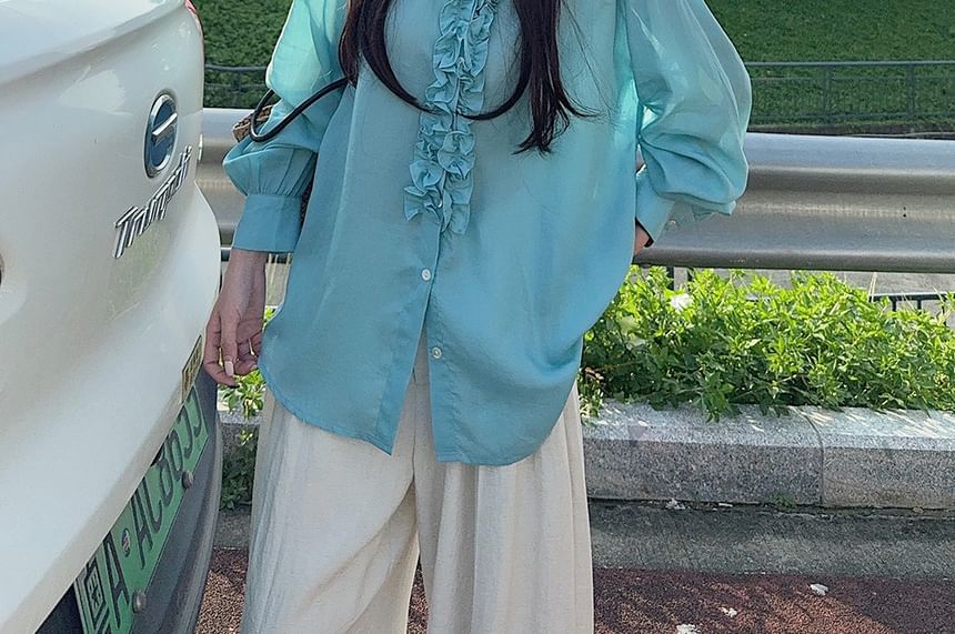 Plain Frill-Trimmed Button-Up V-Neck Long-Sleeved Blouse