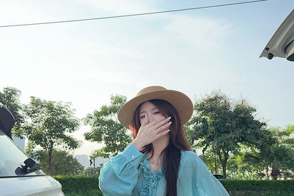 Plain Frill-Trimmed Button-Up V-Neck Long-Sleeved Blouse