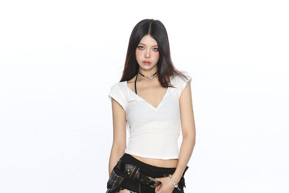 Plain Cropped V-Neck Short-Sleeved Tee