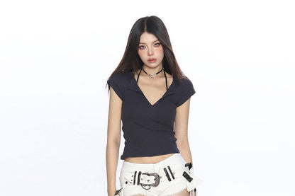 Plain Cropped V-Neck Short-Sleeved Tee