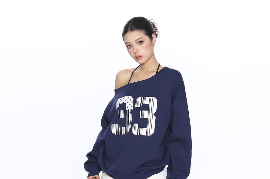 Numbered Cold-Shoulder Long-Sleeved Pullover