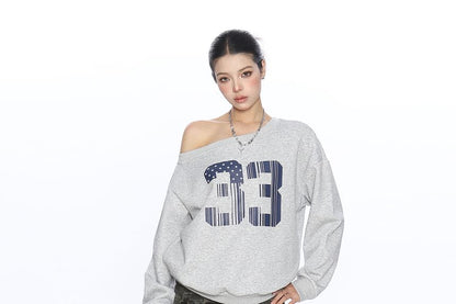 Numbered Cold-Shoulder Long-Sleeved Pullover