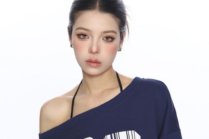 Numbered Cold-Shoulder Long-Sleeved Pullover