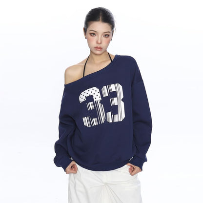 Numbered Cold-Shoulder Long-Sleeved Pullover