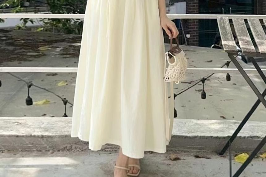 Cap-Sleeve Crew Neck A-Line Maxi Dress - Altfashion Shop