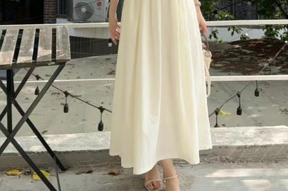 Cap-Sleeve Crew Neck A-Line Maxi Dress - Altfashion Shop