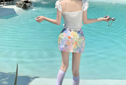 Puff-Sleeve Crop Blouse & Tie Dye Pencil Skirt