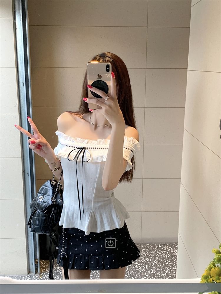 Frill Trim Peplum Crop Top & Dotted Pleated A-Line Skirt