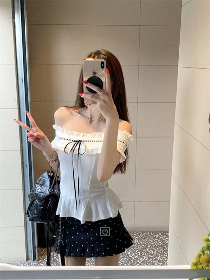 Frill Trim Peplum Crop Top & Dotted Pleated A-Line Skirt