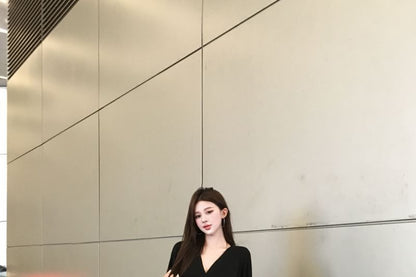 Long-Sleeve V-Neck Slit Sheath Dress - Altfashion Shop