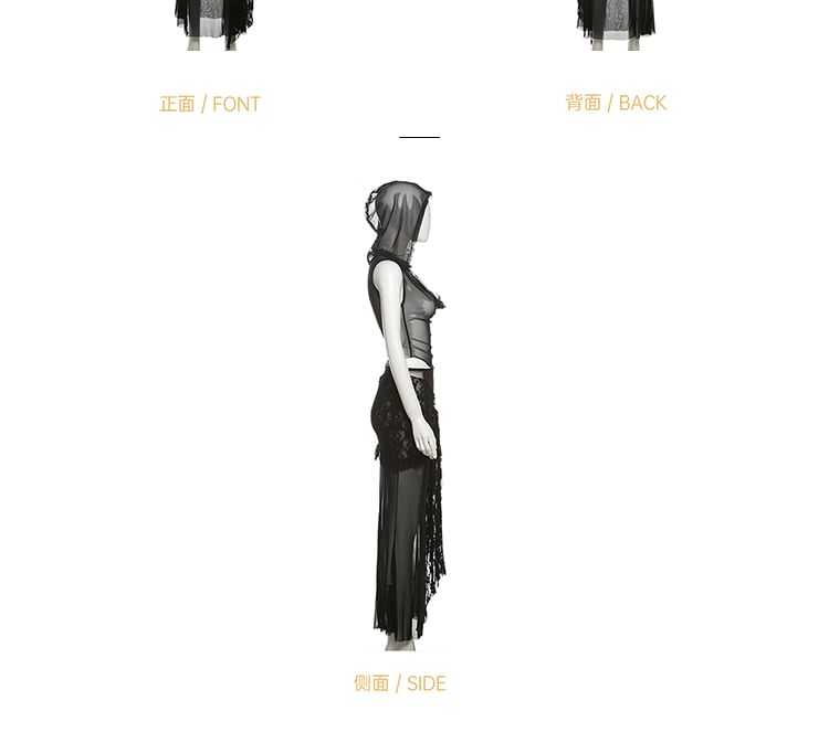Mesh Hooded Crop Top & Maxi Skirt Set