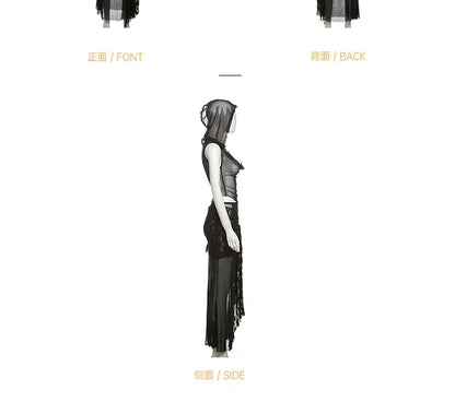 Mesh Hooded Crop Top & Maxi Skirt Set