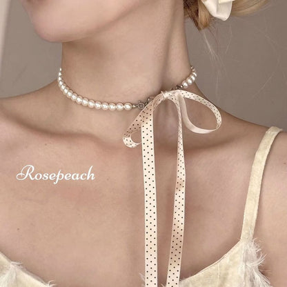 Dotted Ribbon Beaded Necklace