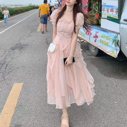 Square Neck Short Sleeve A-Line Maxi Dress - Altfashion Shop