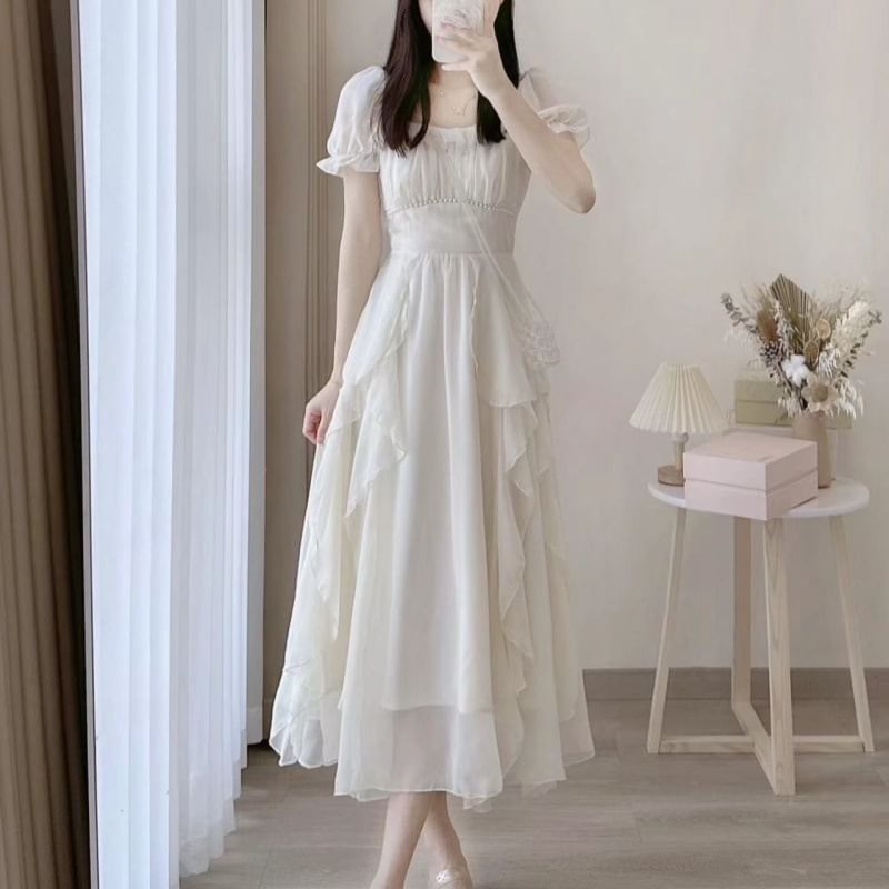 Square Neck Short Sleeve A-Line Maxi Dress - Altfashion Shop