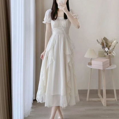 Square Neck Short Sleeve A-Line Maxi Dress - Altfashion Shop