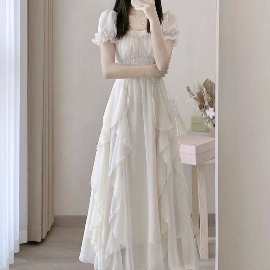 Square Neck Short Sleeve A-Line Maxi Dress - Altfashion Shop