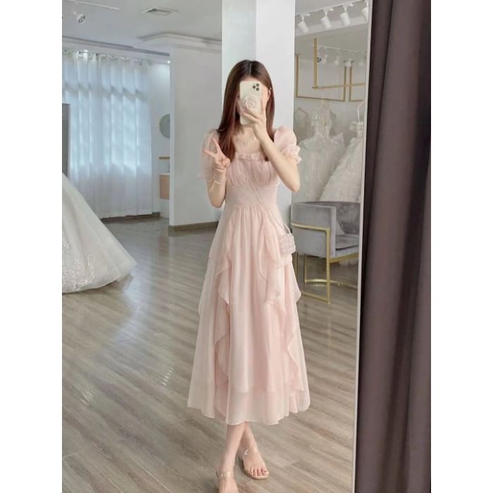 Square Neck Short Sleeve A-Line Maxi Dress - Altfashion Shop