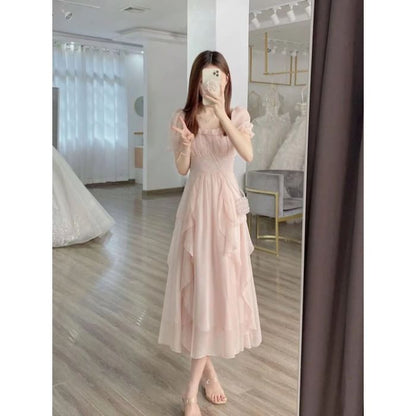 Square Neck Short Sleeve A-Line Maxi Dress - Altfashion Shop