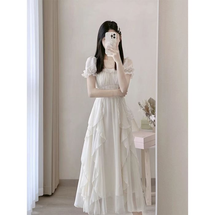 Square Neck Short Sleeve A-Line Maxi Dress - Altfashion Shop