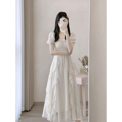 Square Neck Short Sleeve A-Line Maxi Dress - Altfashion Shop
