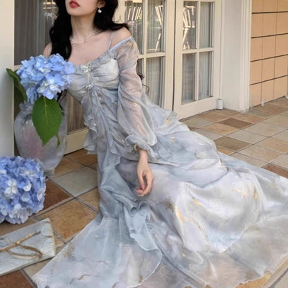Tie-Dye Long Sleeve Square Neck A-Line Dress - Altfashion Shop