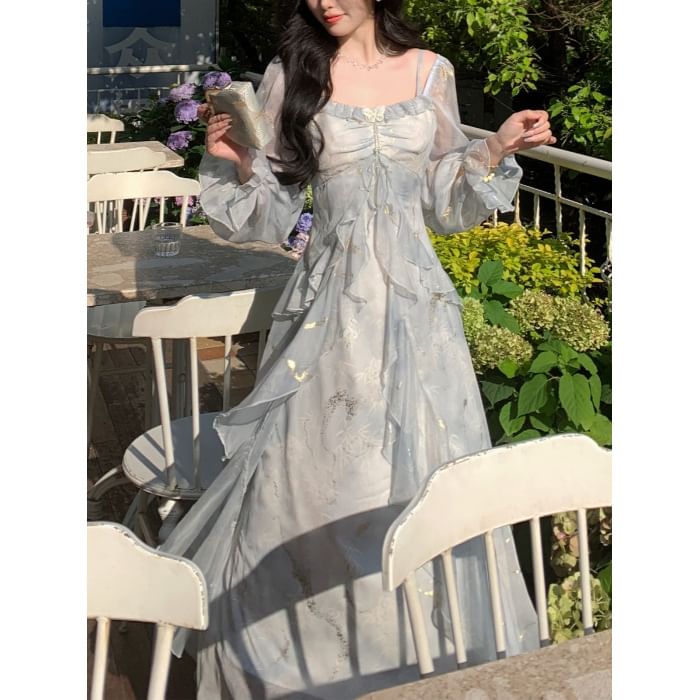 Tie-Dye Long Sleeve Square Neck A-Line Dress - Altfashion Shop