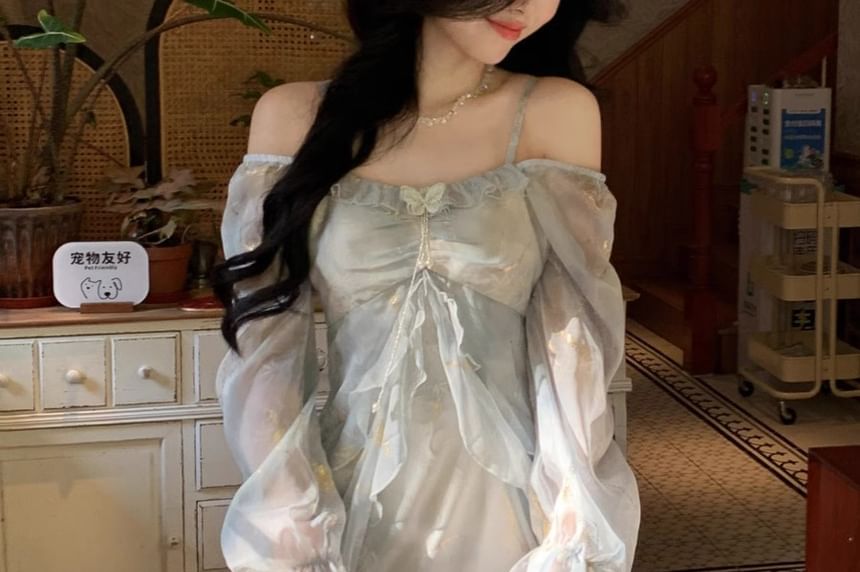 Tie-Dye Long Sleeve Square Neck A-Line Dress - Altfashion Shop