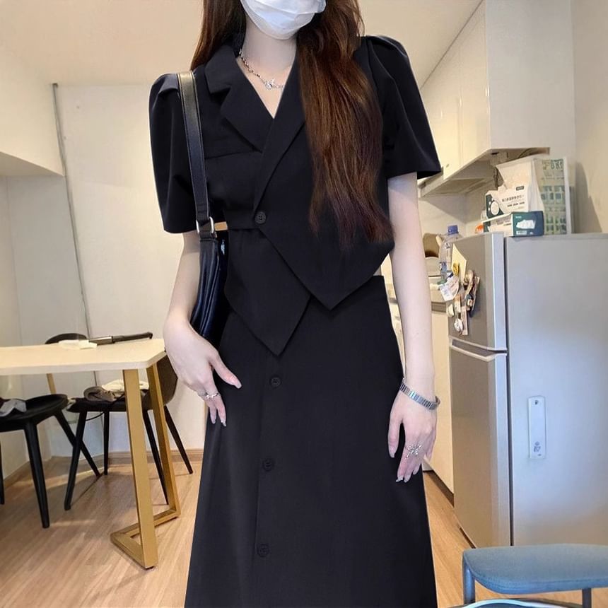 Cropped Blazer Set with High-Rise Button Skirt