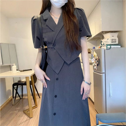 Cropped Blazer Set with High-Rise Button Skirt