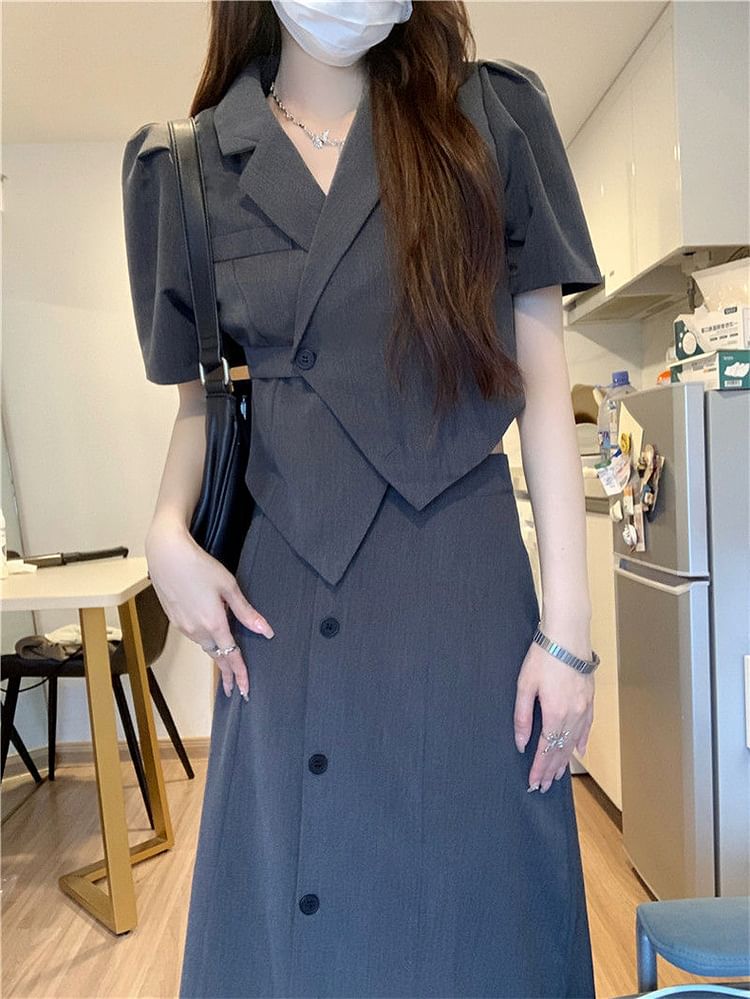 Cropped Blazer Set with High-Rise Button Skirt