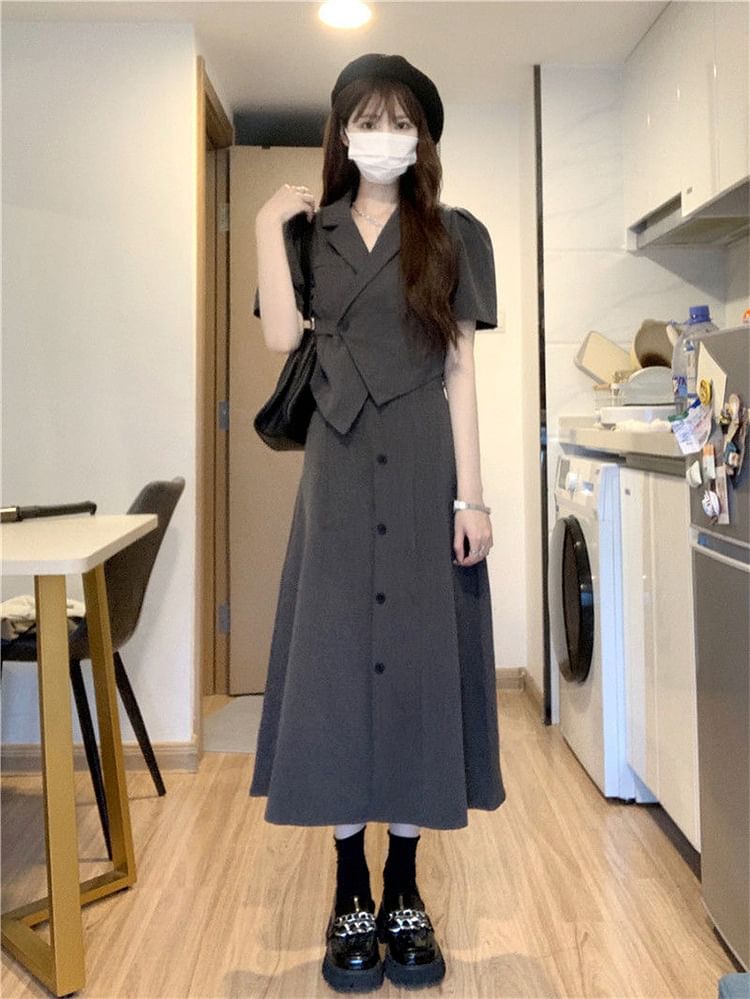 Cropped Blazer Set with High-Rise Button Skirt