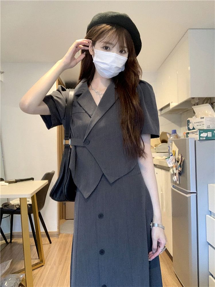 Cropped Blazer Set with High-Rise Button Skirt