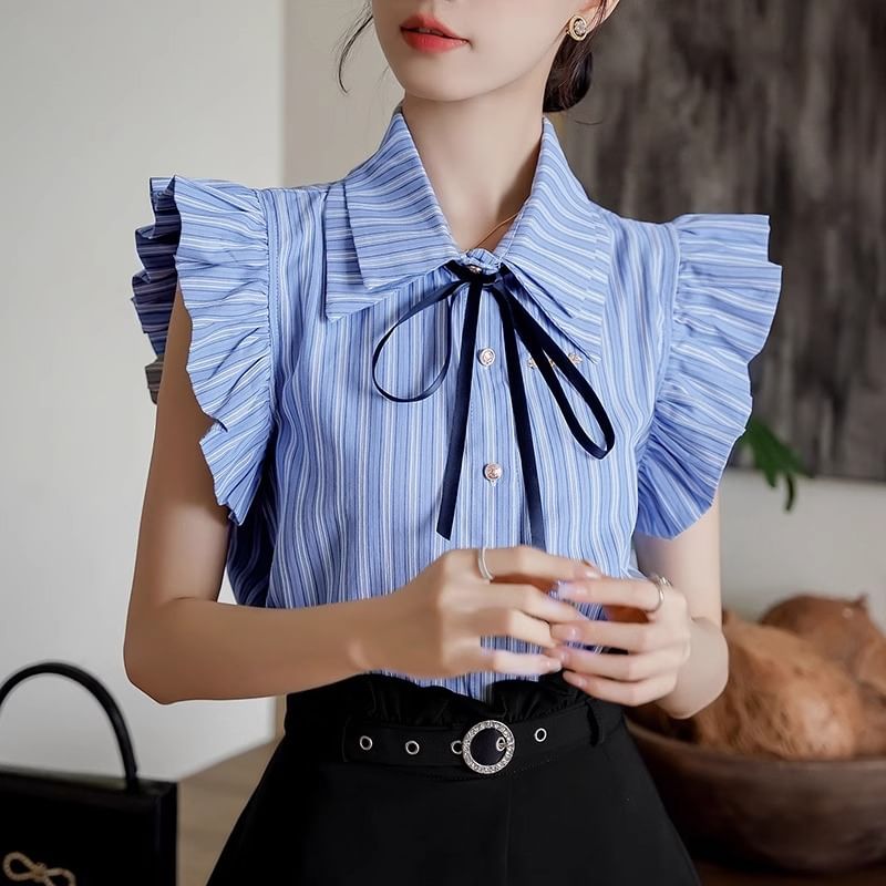 Striped Sleeveless Collared Button-Up Shirt with High-Waisted Ruffle Shorts Set