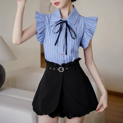 Striped Sleeveless Collared Button-Up Shirt with High-Waisted Ruffle Shorts Set