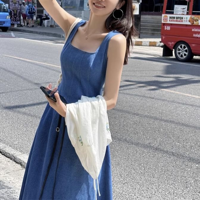 Square Neck Sleeveless Denim A-Line Maxi - Altfashion Shop