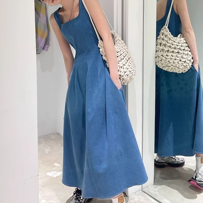 Square Neck Sleeveless Denim A-Line Maxi - Altfashion Shop