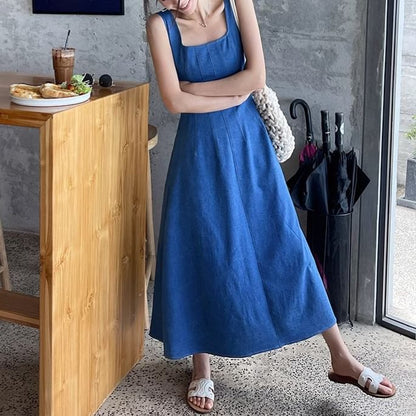 Square Neck Sleeveless Denim A-Line Maxi - Altfashion Shop