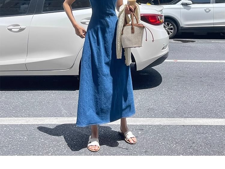 Square Neck Sleeveless Denim A-Line Maxi - Altfashion Shop