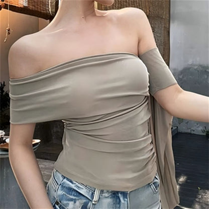 Plain Off-Shoulder Asymmetric Slim-Fit Top