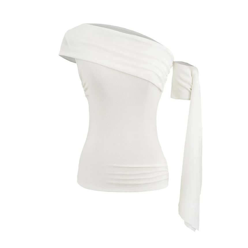 Plain Off-Shoulder Asymmetric Slim-Fit Top