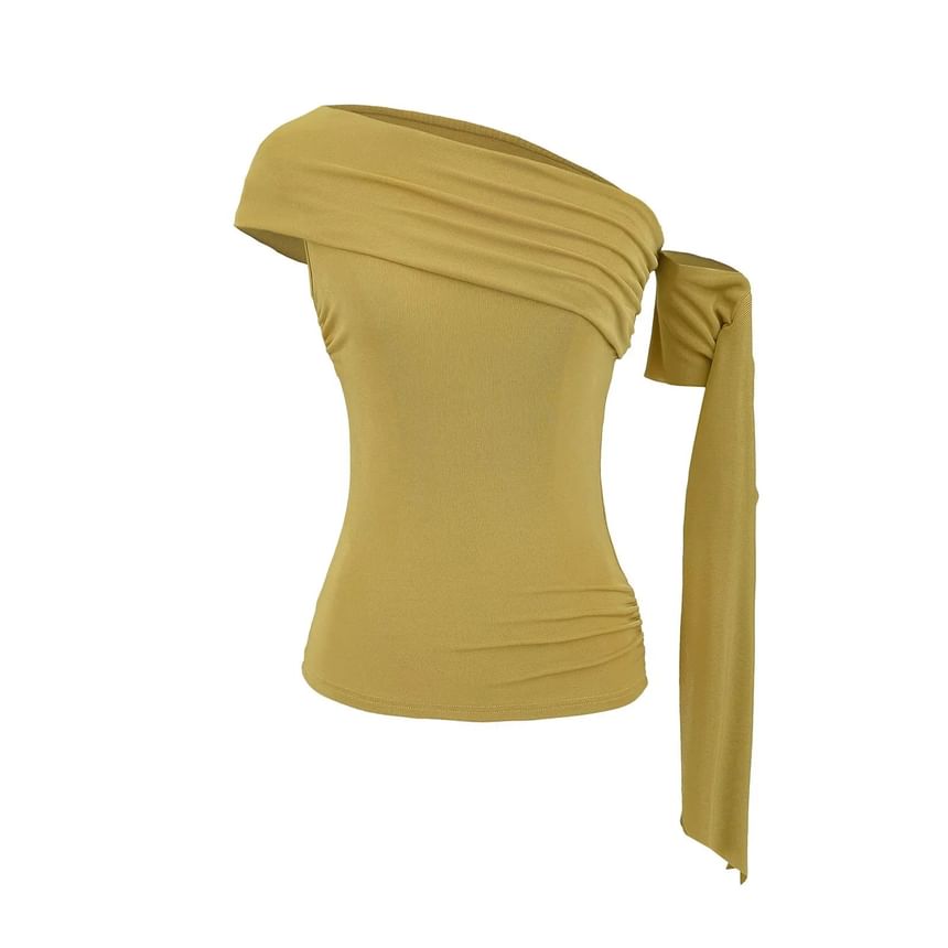 Plain Off-Shoulder Asymmetric Slim-Fit Top