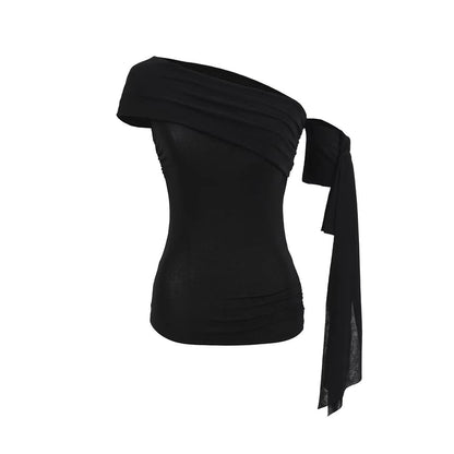 Plain Off-Shoulder Asymmetric Slim-Fit Top