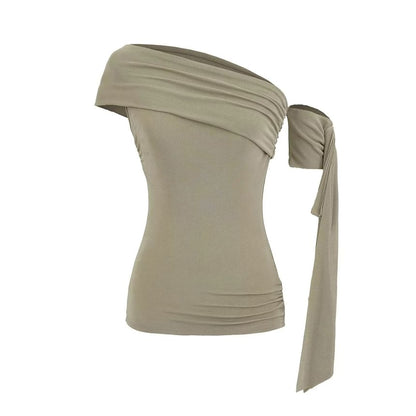Plain Off-Shoulder Asymmetric Slim-Fit Top